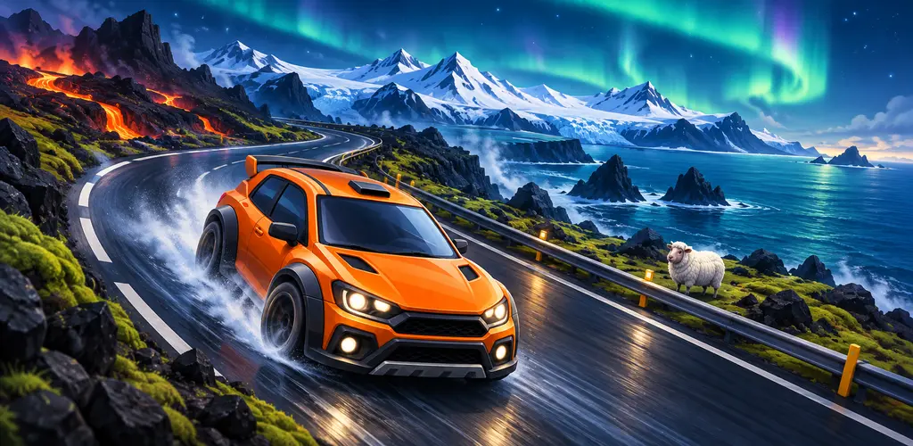 An orange rally car racing through an Icelandic mountain landscape